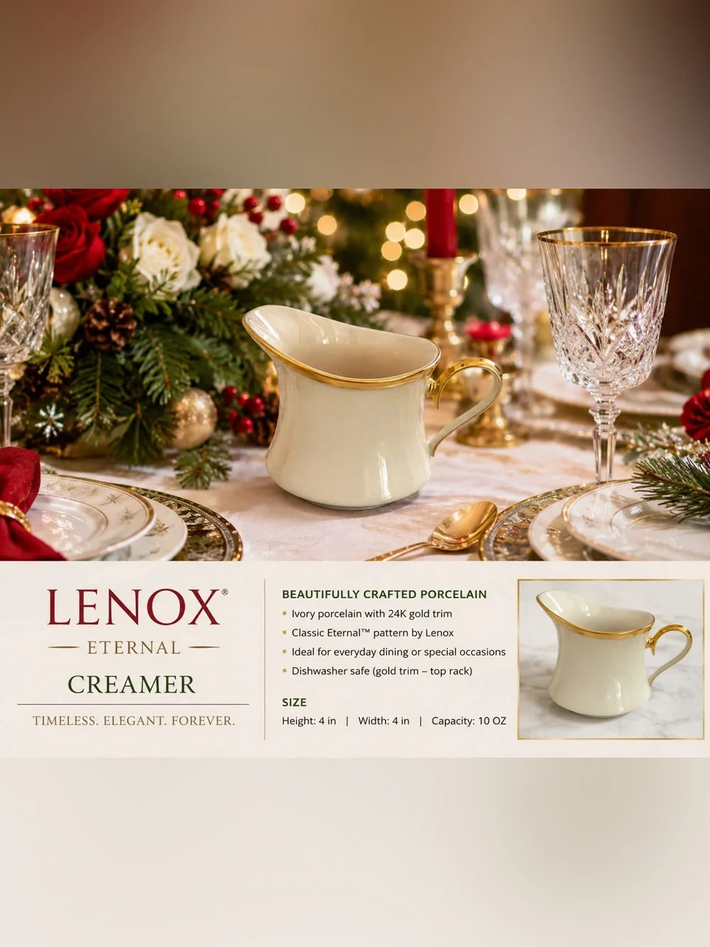 Lenox Ivory Porcelain Creamer with Gold Trim “Eternal” collection NEW